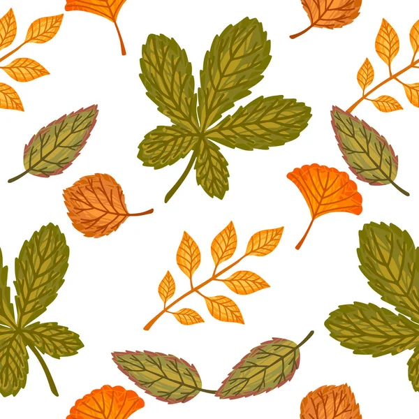 Бесшовный Рисунок Цветных Осенних Листьев Векторной Иллюстрации Белом Фоне — стоковый вектор