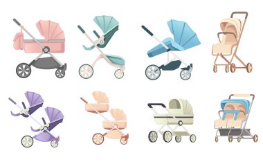 Beyaz arka planda izole edilmiş, tekerlek vektör çizimi üzerinde renkli bebek arabası seti.