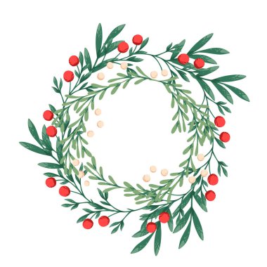 Beyaz arka planda izole edilmiş kırmızı böğürtlen vektör illüstrasyonlu mutlu Noel çelenkleri.