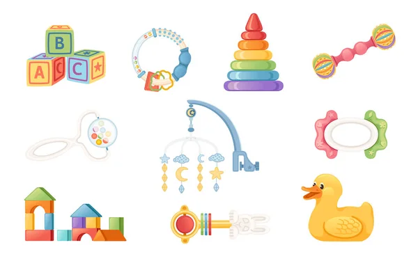 Coleção Brinquedos Bebê Macios Brilhantes Incluindo Brinquedo Chocalho Pirâmide Cubos — Vetor de Stock