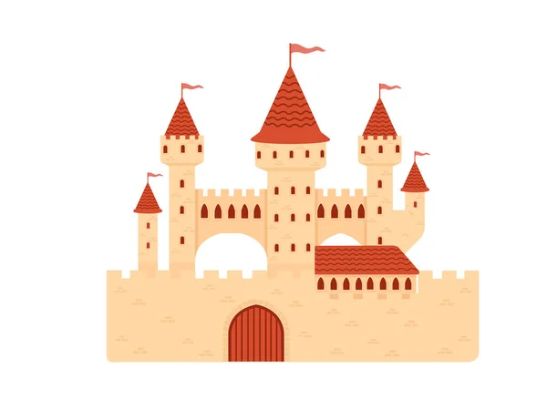 Fantasía Medieval Castillo Piedra Con Torres Puerta Banderas Color Rojo — Archivo Imágenes Vectoriales
