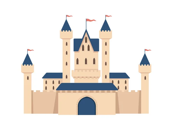 Fantaisie Château Médiéval Pierre Avec Porte Tours Drapeaux Illustration Vectorielle — Image vectorielle