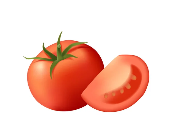 Realistische Stijl Geheel Snijd Zoete Smakelijke Tomaat Groenten Met Groene — Stockvector