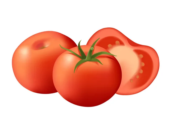 现实风格完整 切甜可口的番茄蔬菜 绿叶矢量图解 白色背景分离 — 图库矢量图片