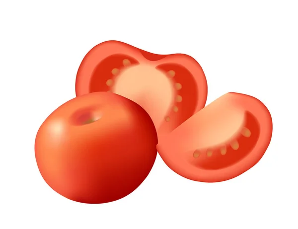 Gaya Realistis Seluruh Setengah Dan Irisan Manis Lezat Tomat Vektor - Stok Vektor