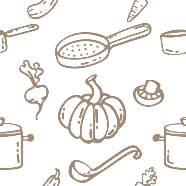 調理キッチンシンボルとシームレスなパターン白い背景に落書きスタイルベクトルイラスト — ストックベクタ
