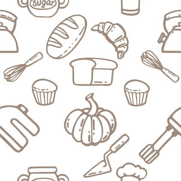 調理キッチンシンボルとシームレスなパターン白い背景に落書きスタイルベクトルイラスト — ストックベクタ