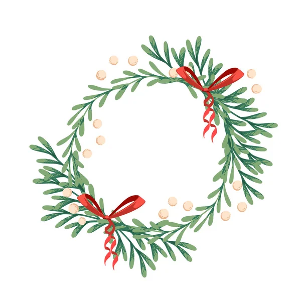 Veselé Vánoce Věnec Jmelí Červenými Bobulemi Vektorové Ilustrace Izolované Bílém — Stockový vektor