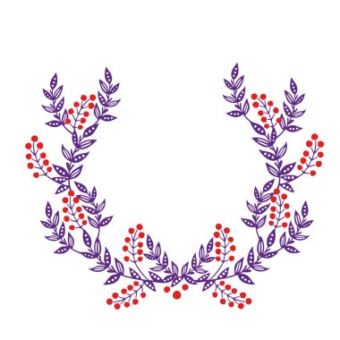 Soyut çiçek elementlerine sahip yuvarlak çerçeve beyaz arkaplanda izole edilmiş defne halkası çizimi.
