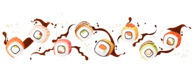 Suşi rulo japan sokak fast food deniz ürünleri ve pirinç somonu ve peynir vektör çizimi beyaz arka planda