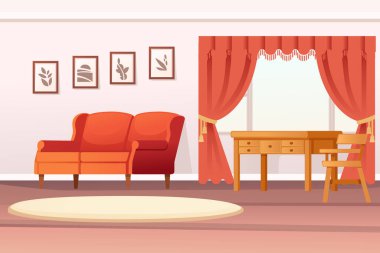 Kanepe halısı ve pencere içerisindeki oda basit minimalist biçim çizimi.