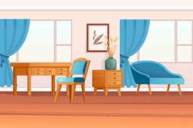 Kanepe koltuğu ve masa basit minimalist biçim illüstrasyonuyla sınıf içi.