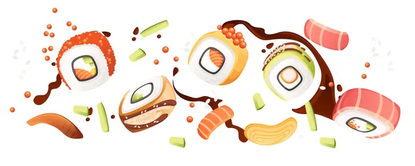 Sushi Roll Japan Ulicy Fast Food Owoców Morza Ryżu Łosoś — Wektor stockowy