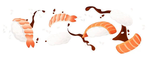 Суші Їжа Лососем Традиційна Японська Їжа Векторні Ілюстрації Білому Фоні — стоковий вектор