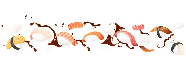 Sushi Roll Japan Straat Fast Food Met Zeevruchten Rijst Zalm — Stockvector
