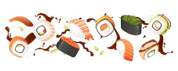 Sushi Roll Jepang Jalan Makanan Cepat Saji Dengan Makanan Laut - Stok Vektor