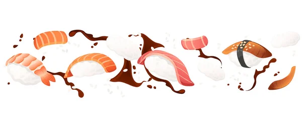 Sushi Voedsel Met Zalm Traditionele Japanse Voedsel Vector Illustratie Witte — Stockvector