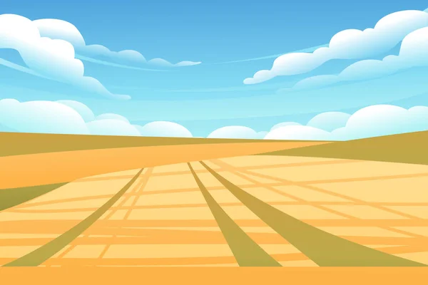Buğday Tarlalarıyla Kırsal Alan Arkaplan Vektörü Illüstrasyonunda Mavi Açık Gökyüzü — Stok Vektör