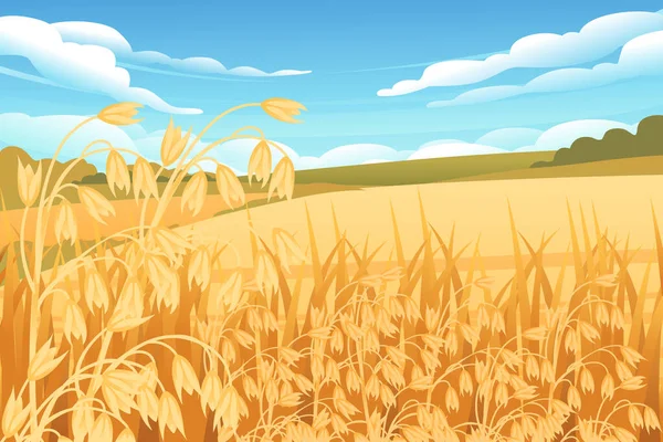 小麦畑と緑の丘の田園風景青空を背景にベクトルイラスト — ストックベクタ