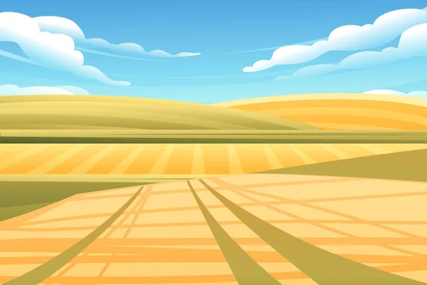 Venkovská Krajina Pšeničnými Poli Zelené Kopce Modrou Jasnou Oblohou Pozadí — Stockový vektor