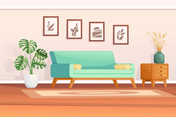Home Room Interior Com Tapete Sofá Planta Simples Estilo Minimalista —  Vetores de Stock