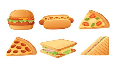 Fast food burger pizzası koleksiyonu ve beyaz arka planda izole edilmiş sandviç vektör çizimi..