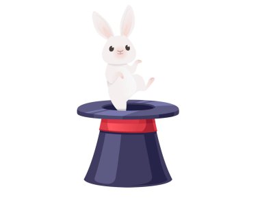 Beyaz arka planda izole edilmiş, zıplayan tavşan vektör illüstrasyonlu siyah sihirli şapka..