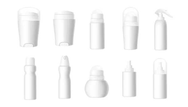 Conjunto Plantilla Blanco Rollo Antitranspirante Desodorante Paquete Plástico Maqueta Cosmética — Vector de stock