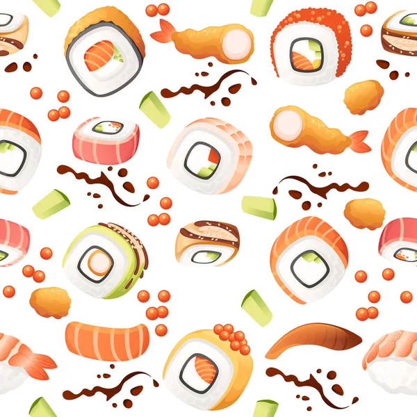 Sushi Roll Japan Street Fast Food Seafood Rice Salmon Cheese — Stock Vector