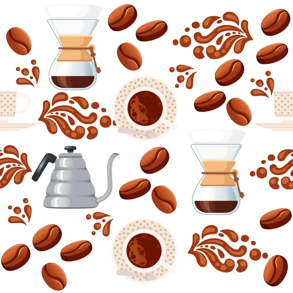 无缝图案咖啡主题滴咖啡酿造 带有滤液和水壶矢量的白色背景说明 — 图库矢量图片