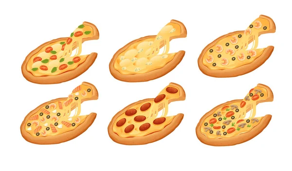 Conjunto Diferentes Tipos Ilustración Vectores Pizza Aislados Sobre Fondo Blanco — Archivo Imágenes Vectoriales