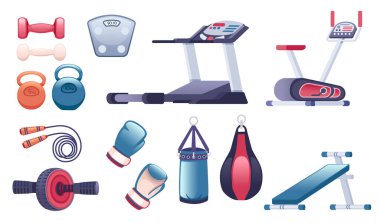 Büyük spor aletleri ve aksesuar eğitim aletleri koleksiyonu, boks eldivenleri, koşu bandı, halterler ve beyaz arka planda izole edilmiş basit çizgi film tasarım vektör çizimleri..