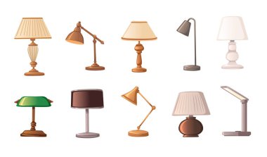 Klasik stil retro ve modern masa lambaları seti esnek kollar ve beyaz arka planda izole edilmiş monolitik stand vektör illüstrasyonu ile.