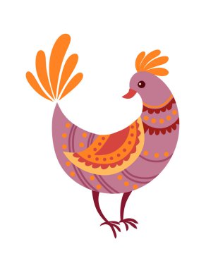 Mor desenli biçimlendirilmiş küçük çizgi film kuşu beyaz arka planda izole edilmiş şirin hayvan tasarım vektörü çizimi