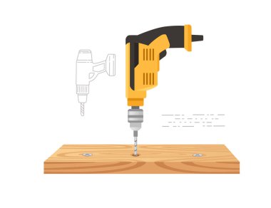 Beyaz arkaplanda izole edilmiş ahşap bir tahta vektör illüstrasyonunda cıvatalar için matkap delikleri açar.