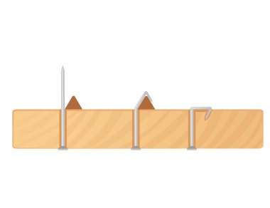 Beyaz arka planda izole edilmiş tahta vektör illüstrasyonundaki çelik çiviler.
