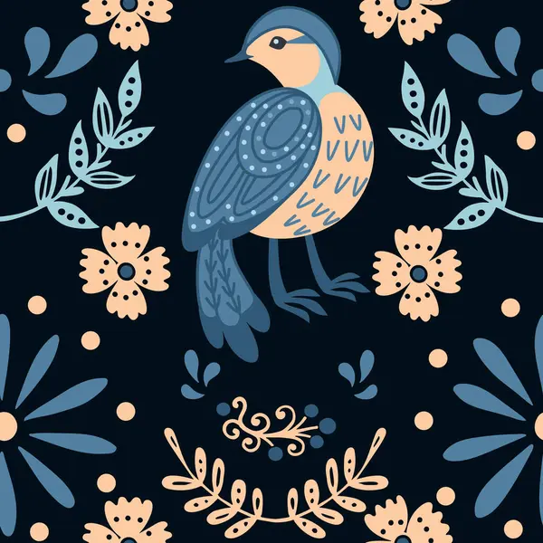 Seamless Pattern Stylized Small Cartoon Bird Blue Pattern Cute Animal — Stock Vector