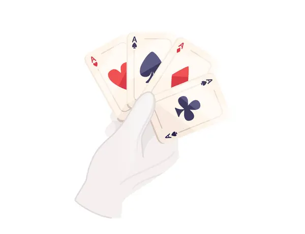 Hand Vita Handskar Hålla Fyra Ess Set Kort Vektor Illustration — Stock vektor