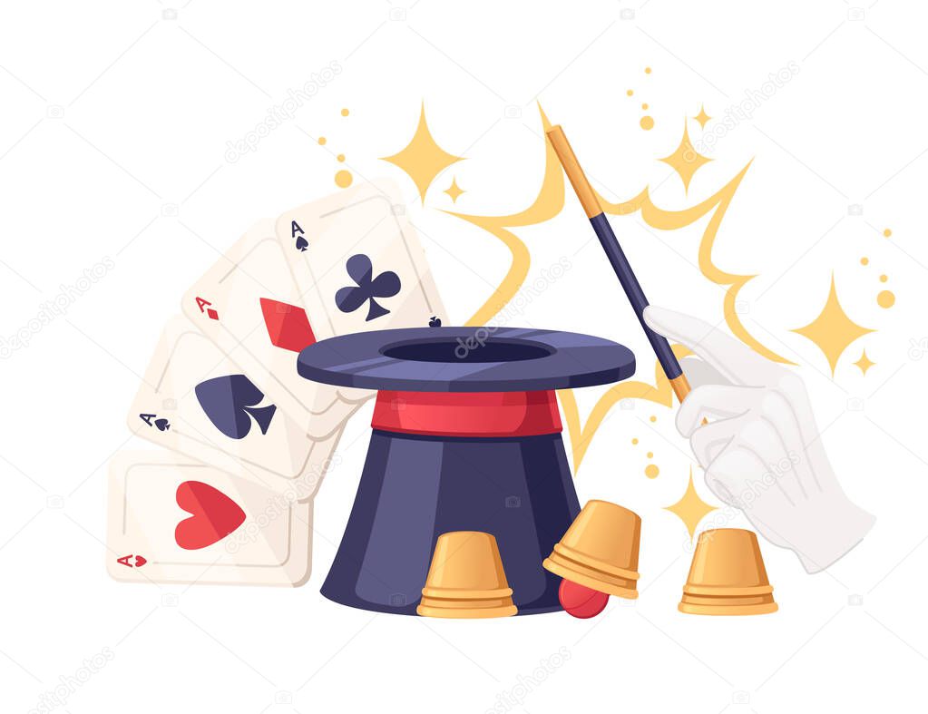 Dark magic hat with red line vector illustration isolated on white background.