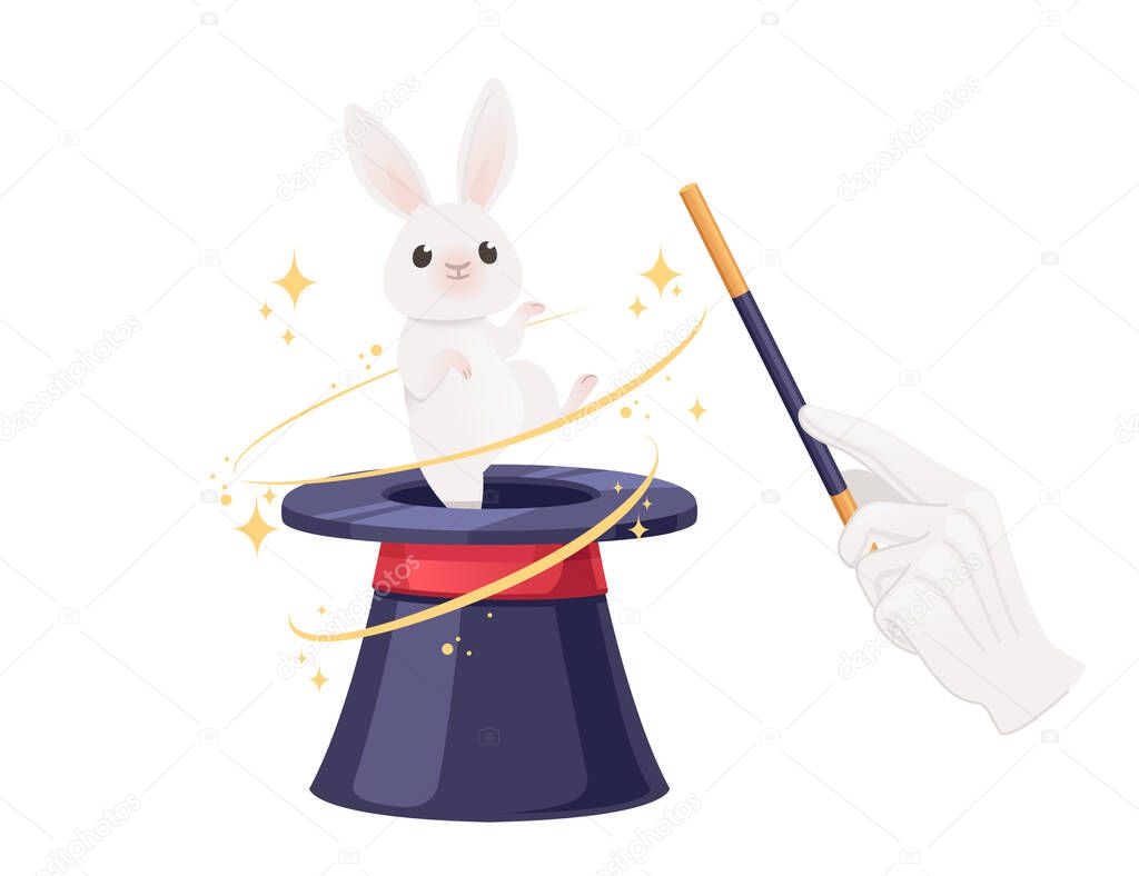 Dark magic hat with jumping rabbit vector illustration isolated on white background.