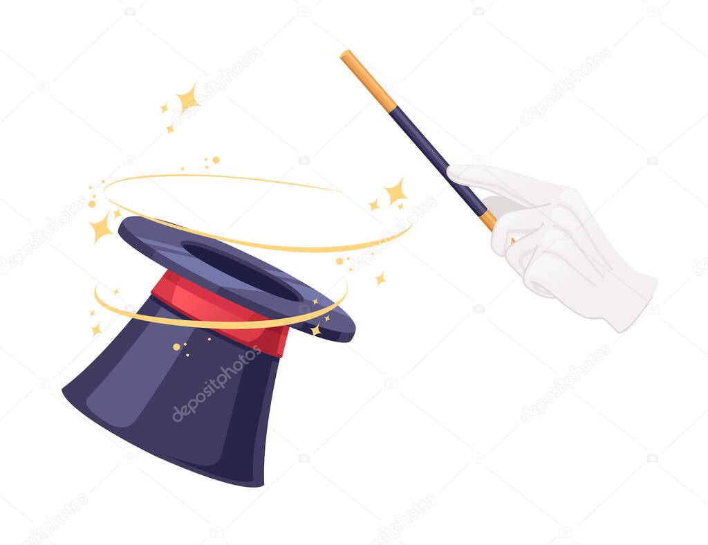 Dark magic hat with red line vector illustration isolated on white background.