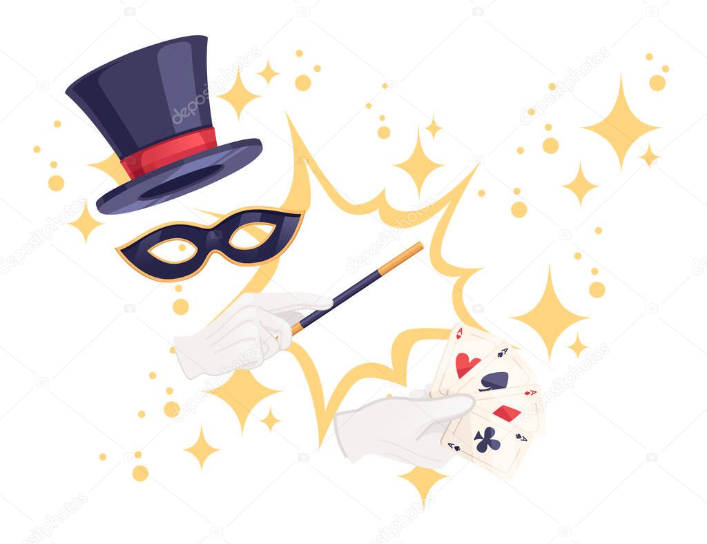 Dark magic hat with mask and hand hold magic wand vector illustration isolated on white background.