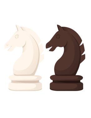Masa tahtası oyun temsili için beyaz arkaplanda izole edilmiş beyaz ve siyah şövalye satranç figürü.
