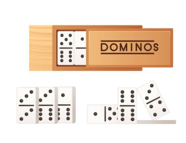 Beyaz arkaplanda izole edilmiş tahta kutu vektör illüstrasyonunda Domino seti.