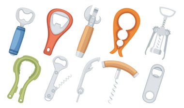 Beyaz arkaplanda izole edilmiş plastik saplı vektör illüstrasyonlu bira şişeleri için eski klasik açıcı