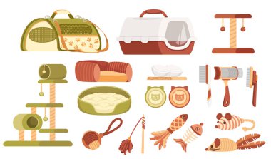 Kediler için aksesuar koleksiyonu - kase, oyuncak, ev, fırça, taşıyıcı vektör illüstrasyonu beyaz arka planda izole.