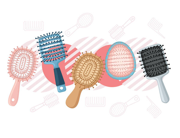 Colorful collection of different style hair brushes vector illustration on white background.