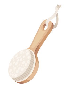 Banyo için ahşap saplı vücut fırçası veya beyaz arka planda izole edilmiş duş vektör illüstrasyonu.