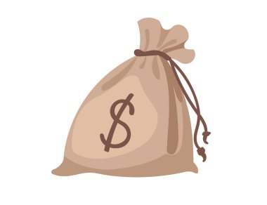 Beyaz arkaplanda dolar işareti ve ip vektör illüstrasyonlu kumaş para çantası.