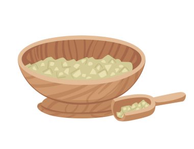 Tahta kasede yeşil taneli tuz, banyo için kepçe ve beyaz arka planda izole edilmiş spa vektör illüstrasyonuyla hazır..